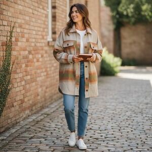 Free People Distressed Shacket Stripe Oversized Fleece Jacket Size XS